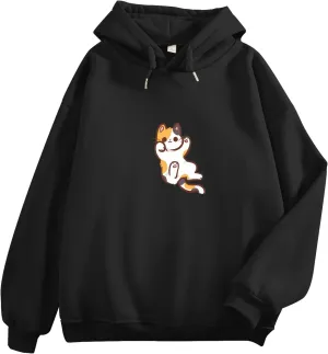 Bobeutou Women Cute Cat Print Oversized Hoodies for Teen Girls Aesthetic Kawaii Cartoon Graphic Fleece Sweatshirt Pullovers