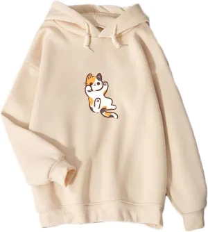 Bobeutou Women Cute Cat Print Oversized Hoodies for Teen Girls Aesthetic Kawaii Cartoon Graphic Fleece Sweatshirt Pullovers