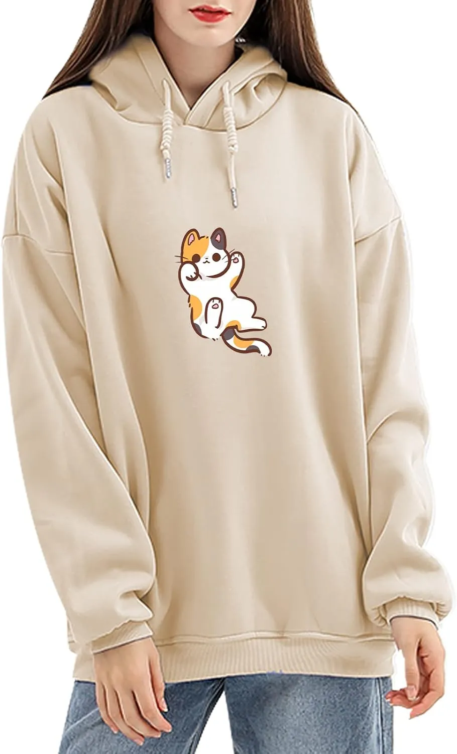 Bobeutou Women Cute Cat Print Oversized Hoodies for Teen Girls Aesthetic Kawaii Cartoon Graphic Fleece Sweatshirt Pullovers