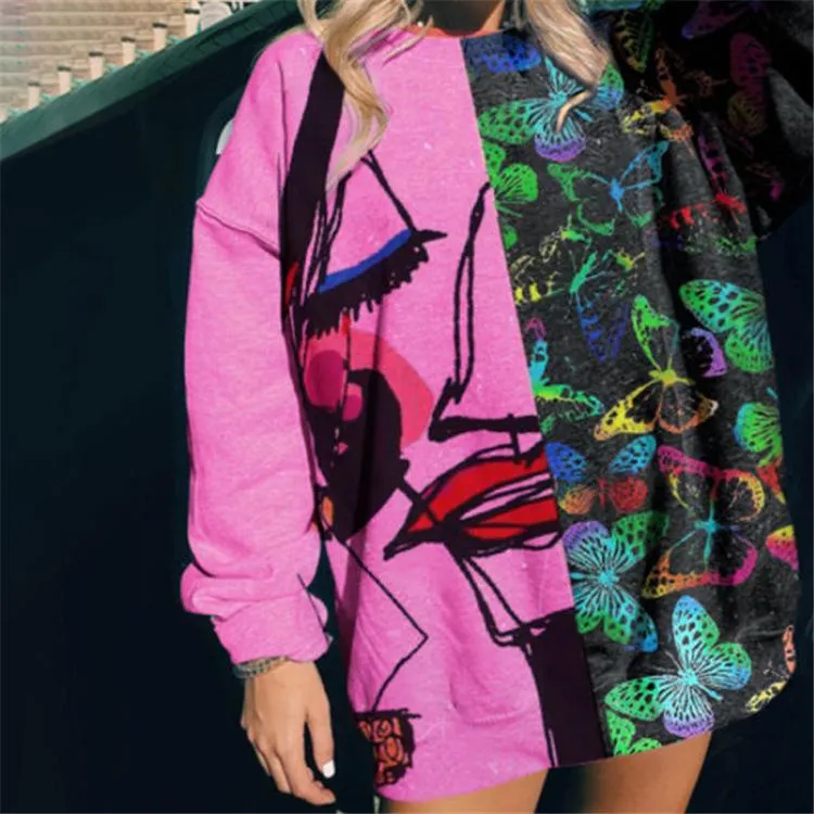 Commuter printing round neck pullover lazy style loose sweater women's clothing