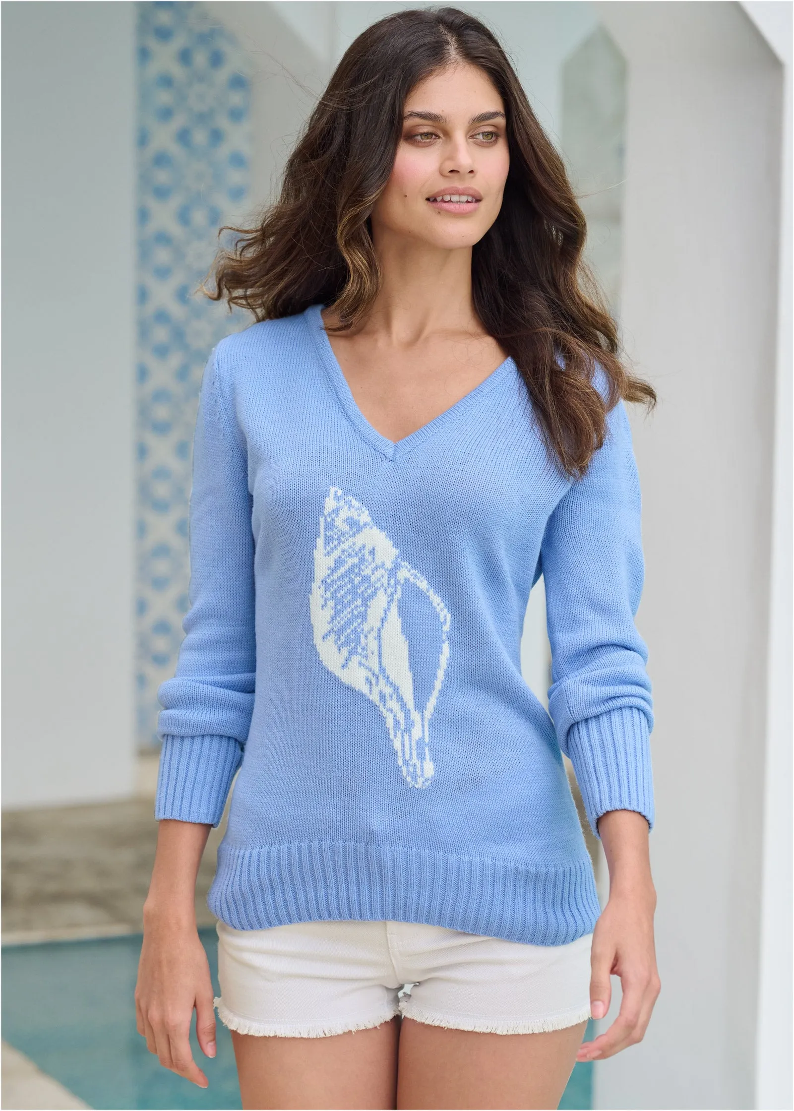 Conch Shell V-Neck Sweater - Light Blue