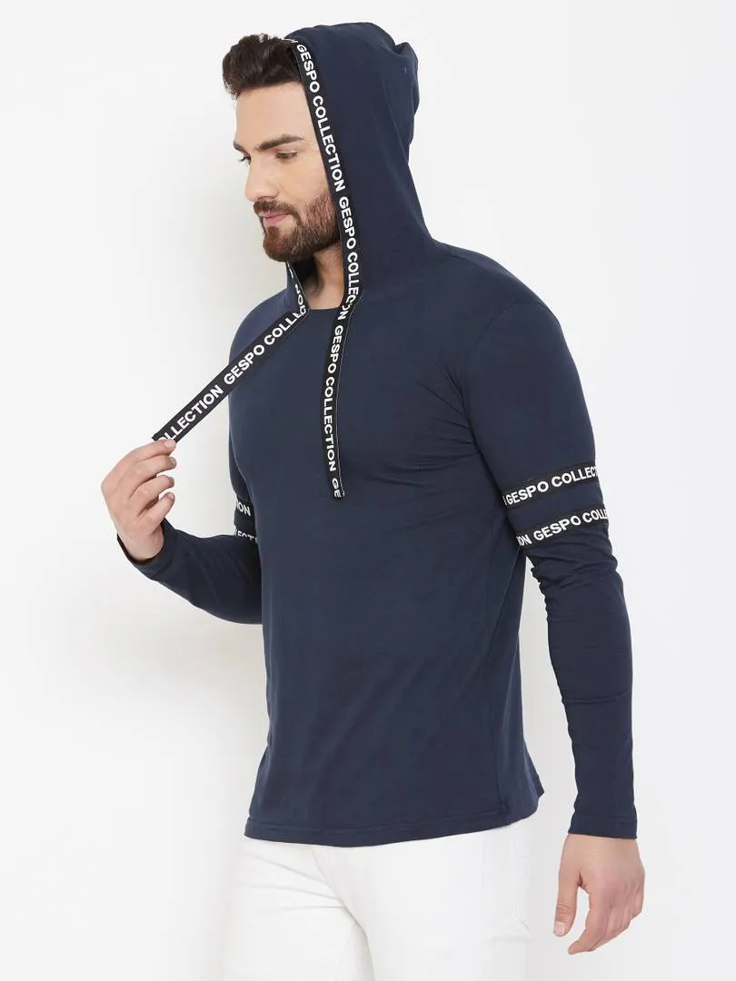 Elegant Navy Blue Cotton Self Pattern Hooded T Shirt