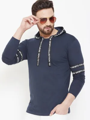 Elegant Navy Blue Cotton Self Pattern Hooded T Shirt