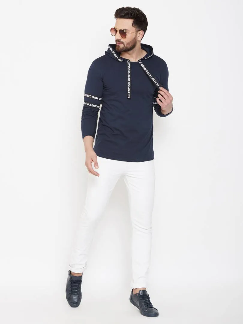 Elegant Navy Blue Cotton Self Pattern Hooded T Shirt