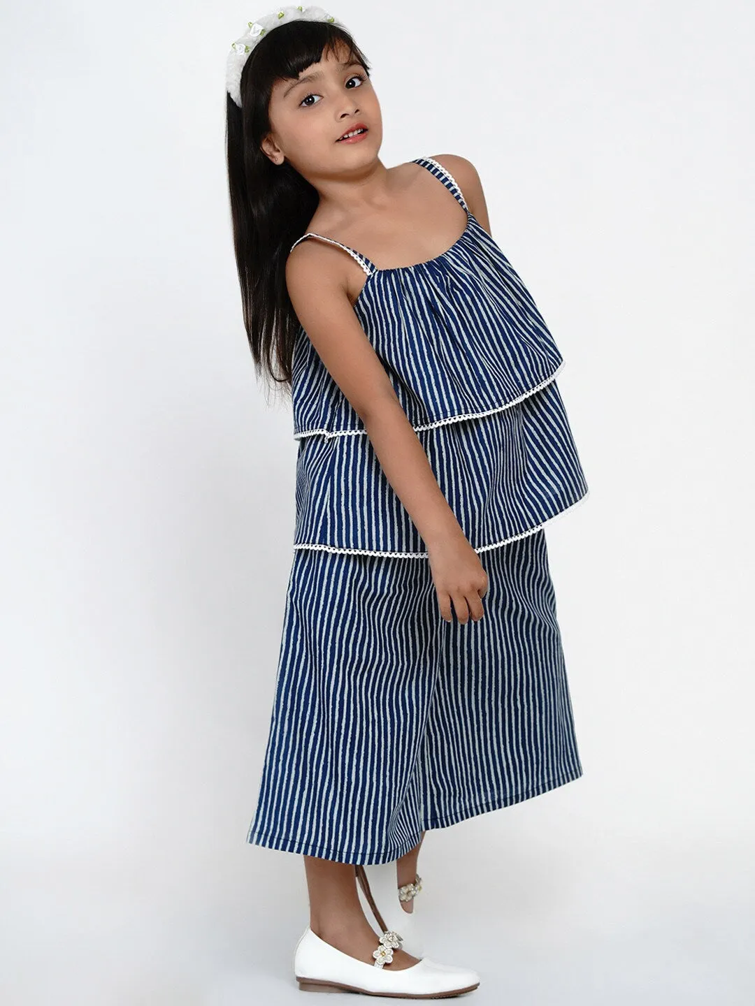 Girl's Blue & White Striped Top with Capris - NOZ2TOZ KIDS
