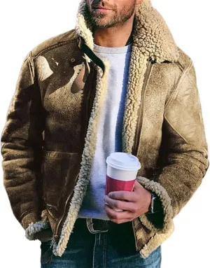 Jackets for Men Faux Fur Bomber Jacket Sherpa Lined Overcoat Long Sleeve Lapel Cargo Outwear Warm Coat with Pocket