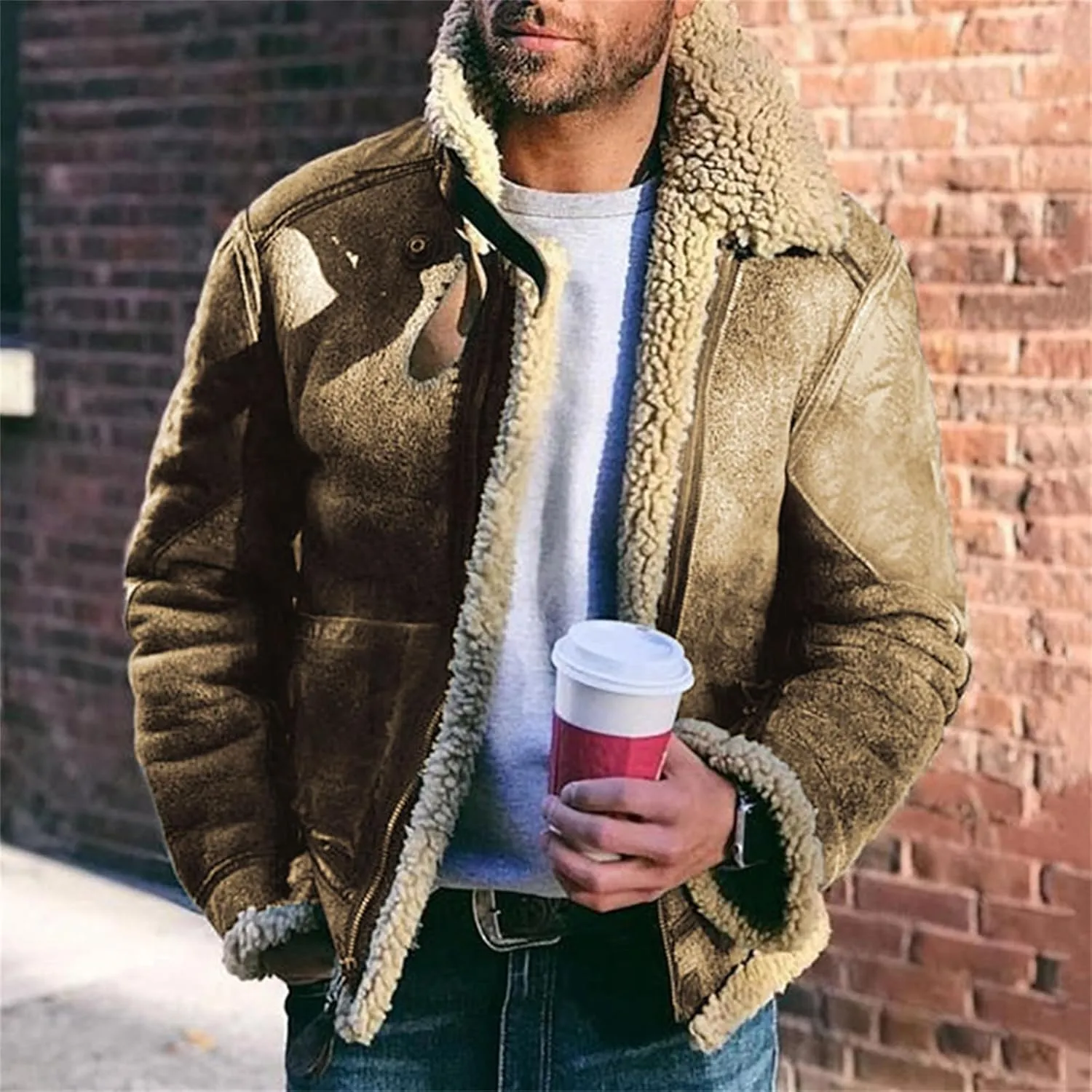 Jackets for Men Faux Fur Bomber Jacket Sherpa Lined Overcoat Long Sleeve Lapel Cargo Outwear Warm Coat with Pocket