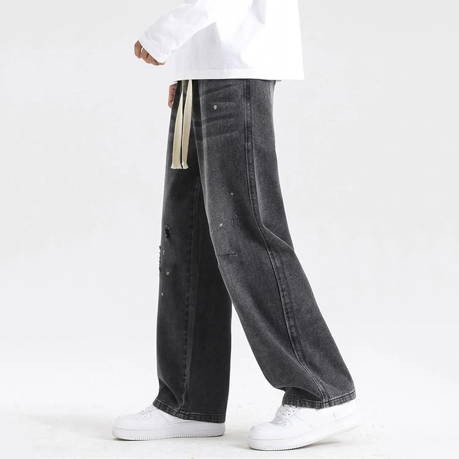 Jeans for Men Casual Loose Relaxed Fit Wide Straight Leg Pants Drawstring Outdoor 2024 Fall Stylish Hole Mens Pants