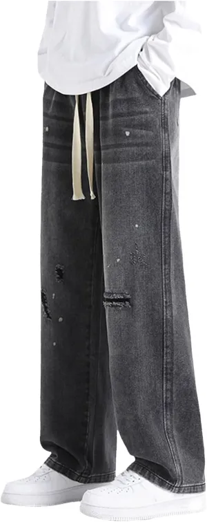 Jeans for Men Casual Loose Relaxed Fit Wide Straight Leg Pants Drawstring Outdoor 2024 Fall Stylish Hole Mens Pants