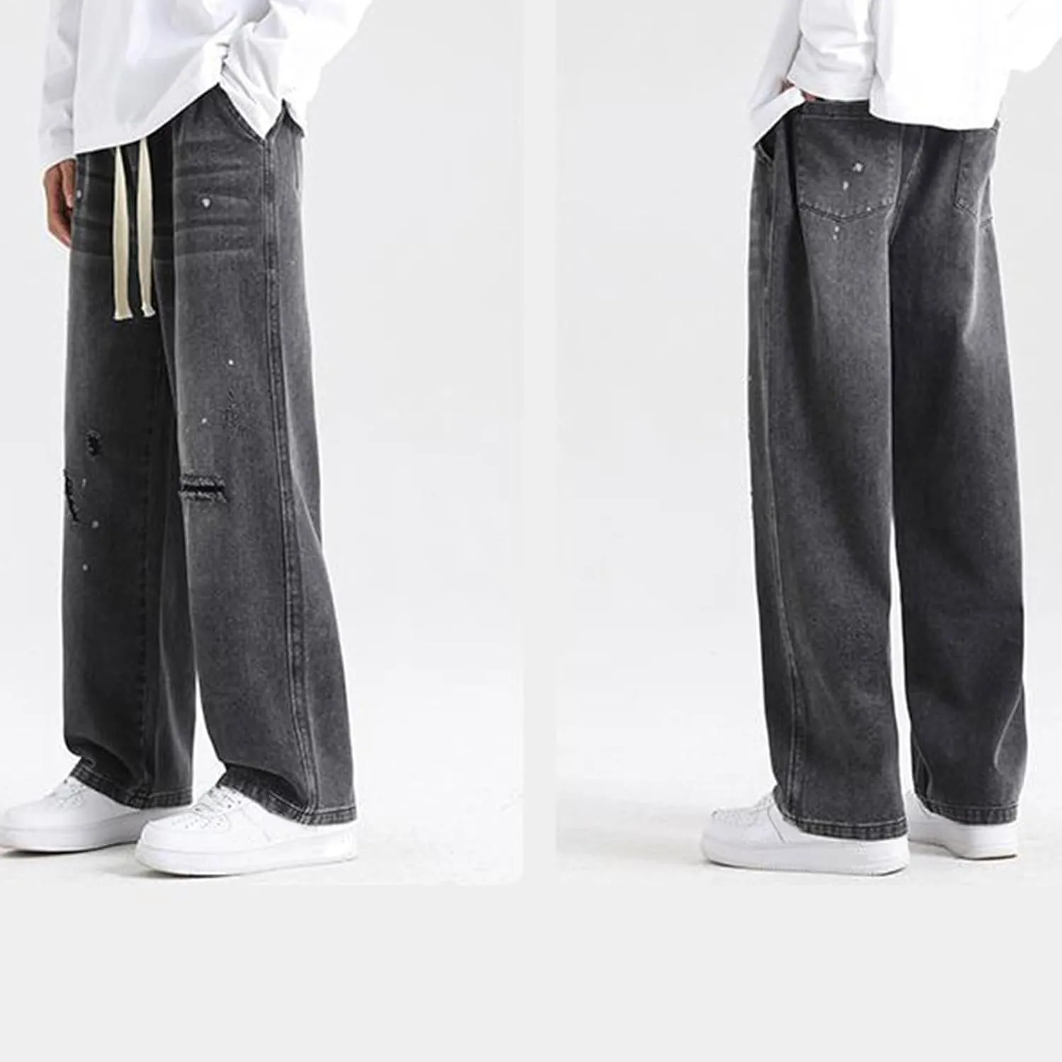 Jeans for Men Casual Loose Relaxed Fit Wide Straight Leg Pants Drawstring Outdoor 2024 Fall Stylish Hole Mens Pants