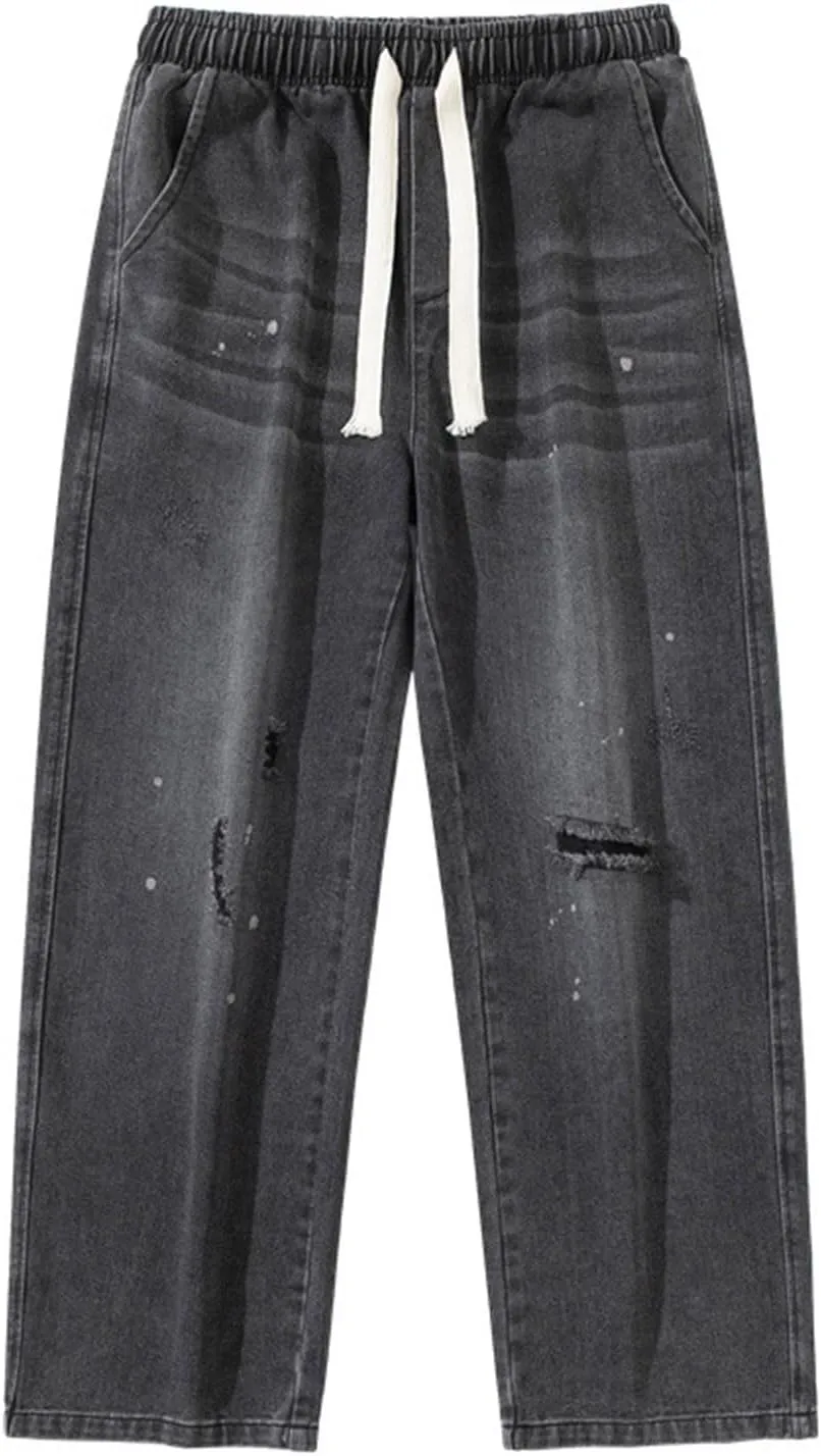 Jeans for Men Casual Loose Relaxed Fit Wide Straight Leg Pants Drawstring Outdoor 2024 Fall Stylish Hole Mens Pants