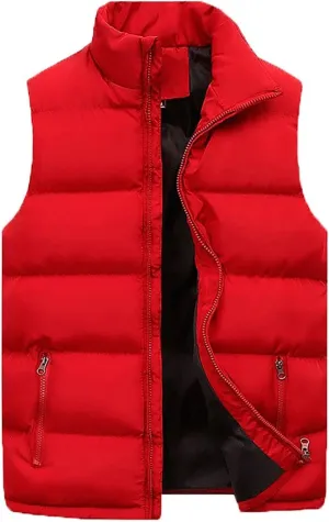 Men Puffer Vest Autumn and Winter Fashion Casual Solid Color Zipper Collar Sleeveless Cotton Padded Vest Jacket Pockets