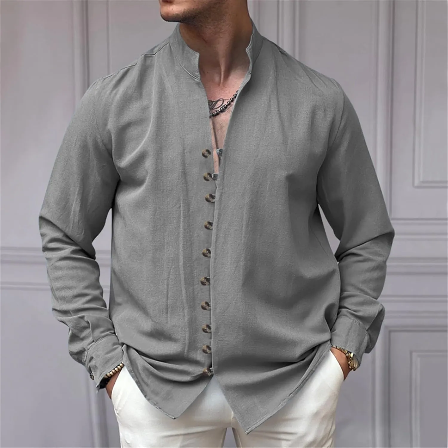 Mens Casual Long Sleeve Shirt Trendy Loose Button Down Bussiness Shirts Travel Vacation Beach Party Tee Tops Big&Tall