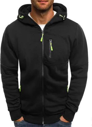 Men's Full Zipper Sports Training Hoodies Casual Long-Sleeved Hooded Sweater with Pockets Jogging Track and Filed Gym