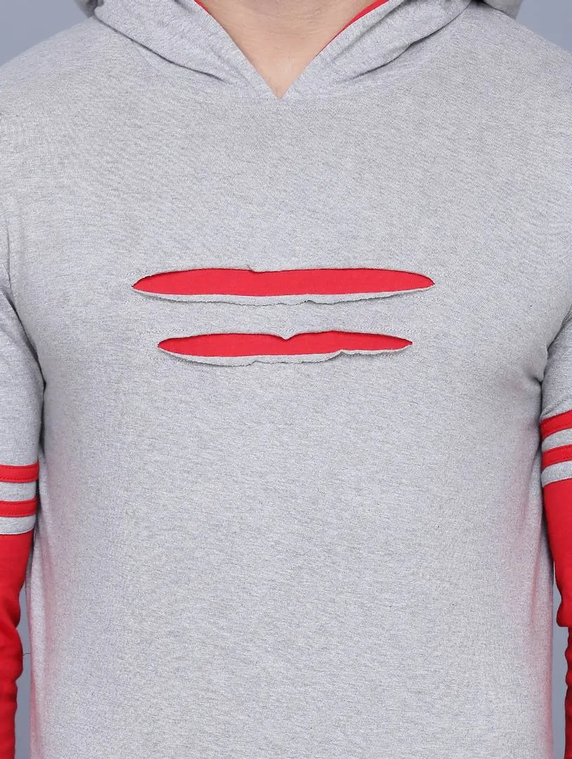 Men's Grey Self Pattern Cotton Hooded T Shirt