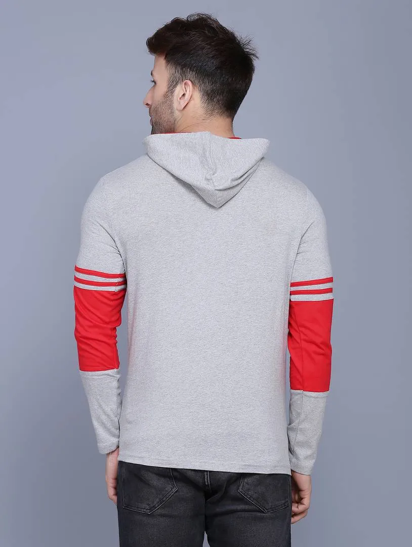 Men's Grey Self Pattern Cotton Hooded T Shirt