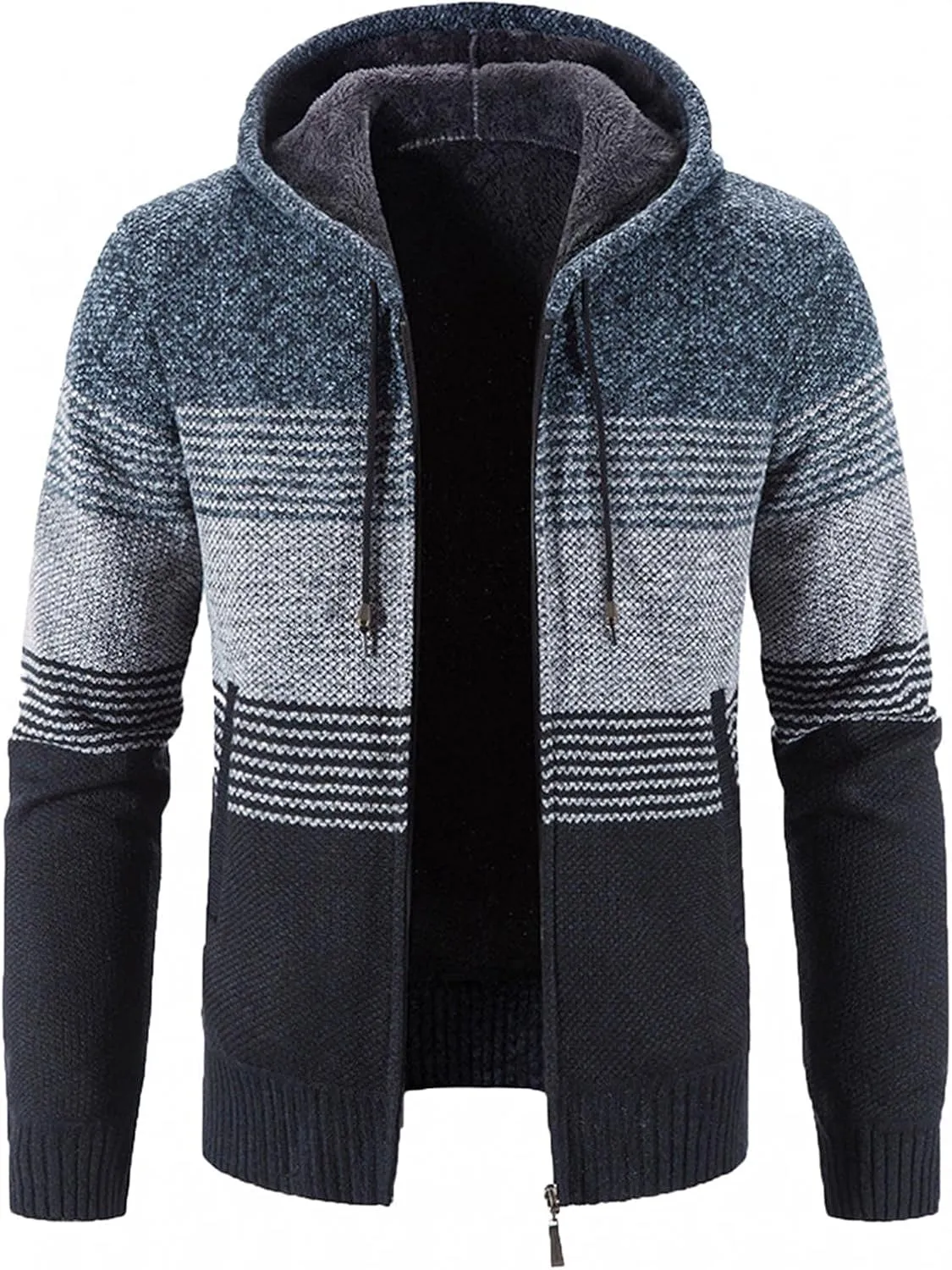 Mens Heavy Warm Sherpa Fleece Lined Stripe Hoodie Jackets Zip Up Thick Cable Knitted Cardigan Sweater Coats