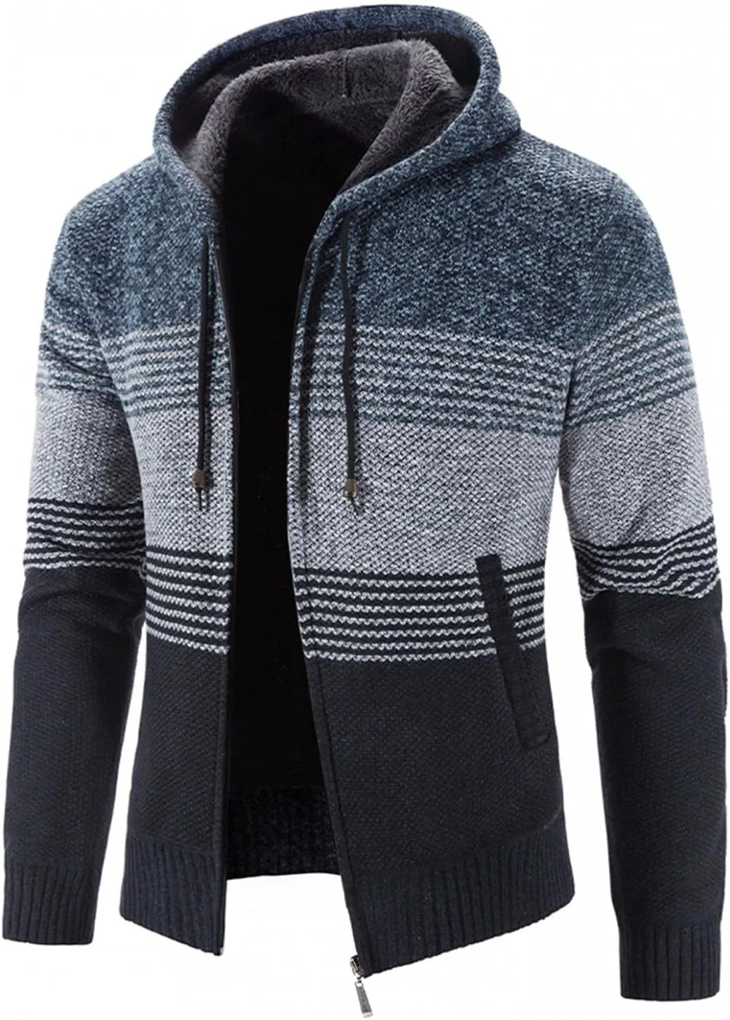 Mens Heavy Warm Sherpa Fleece Lined Stripe Hoodie Jackets Zip Up Thick Cable Knitted Cardigan Sweater Coats