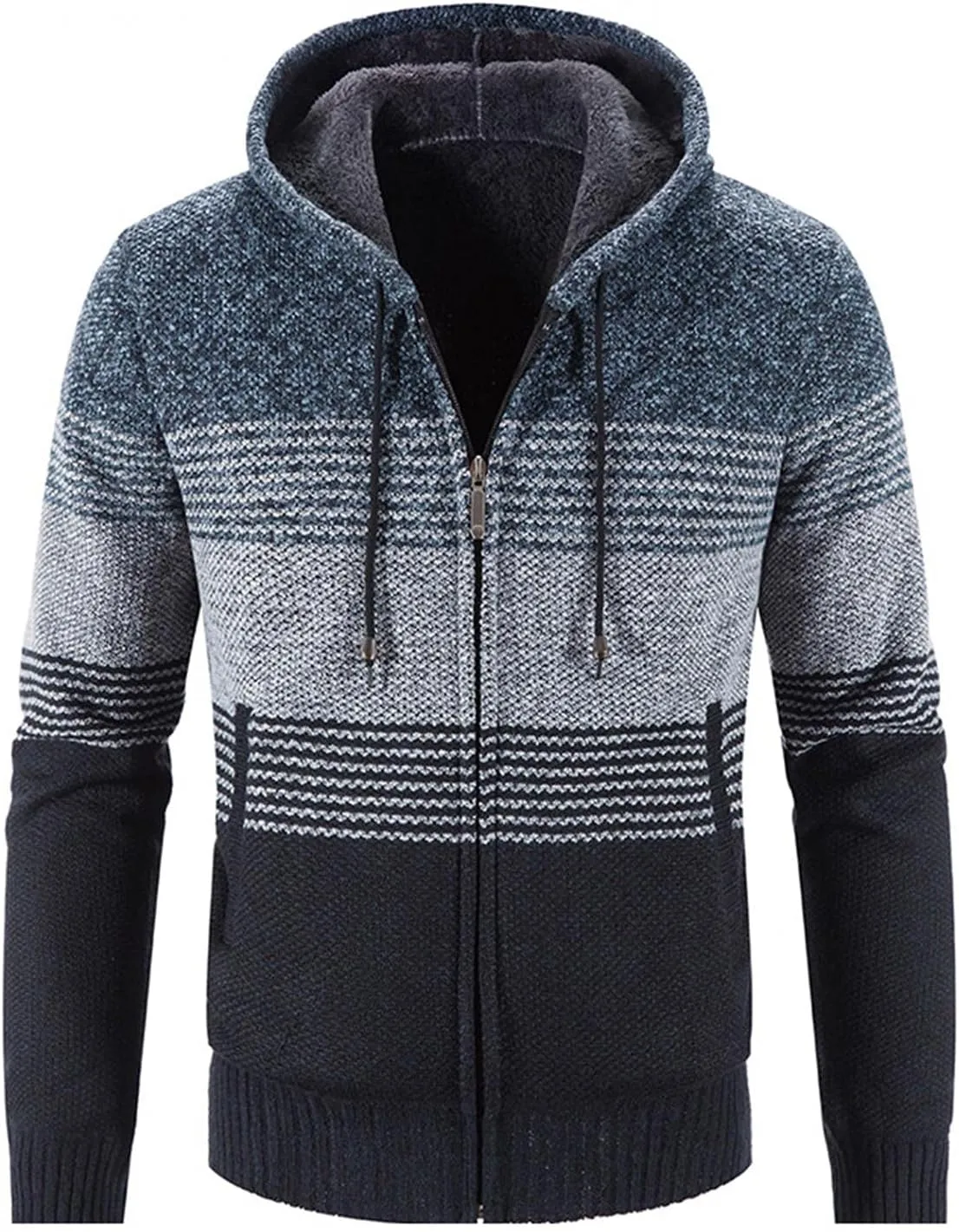 Mens Heavy Warm Sherpa Fleece Lined Stripe Hoodie Jackets Zip Up Thick Cable Knitted Cardigan Sweater Coats