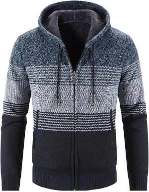 Mens Heavy Warm Sherpa Fleece Lined Stripe Hoodie Jackets Zip Up Thick Cable Knitted Cardigan Sweater Coats