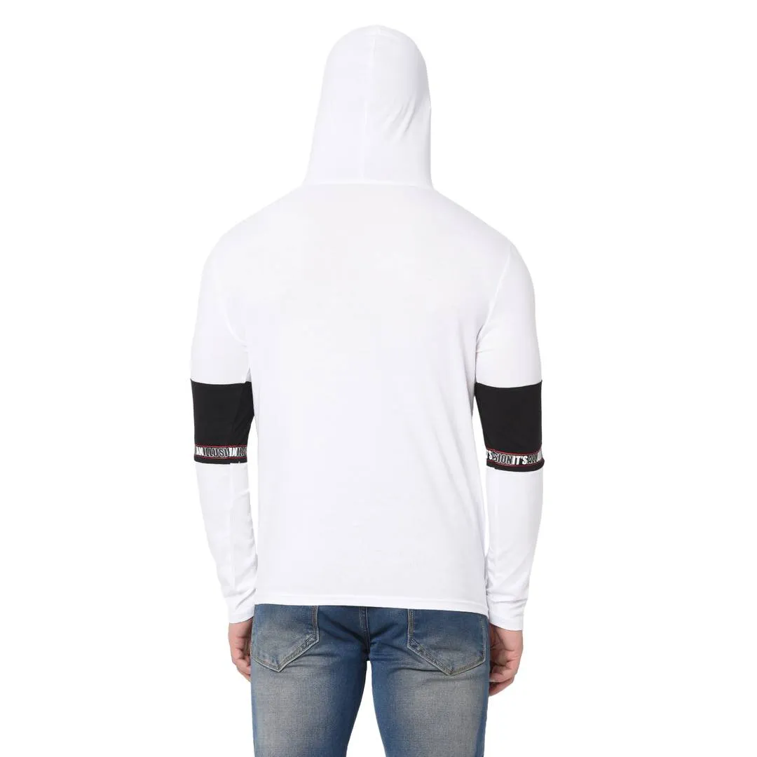 Men's White Typography Cotton Self Pattern Hooded T-Shirt