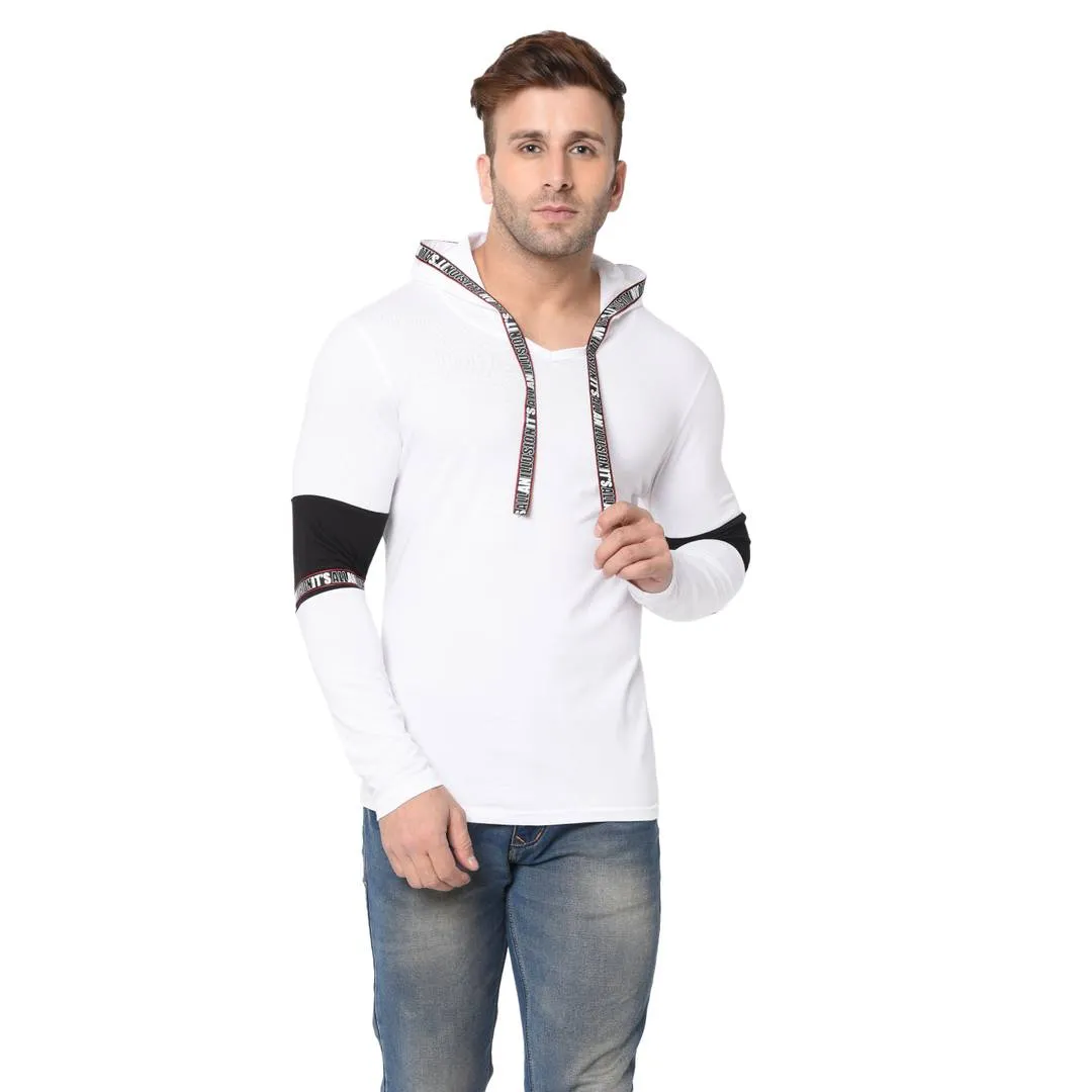 Men's White Typography Cotton Self Pattern Hooded T-Shirt