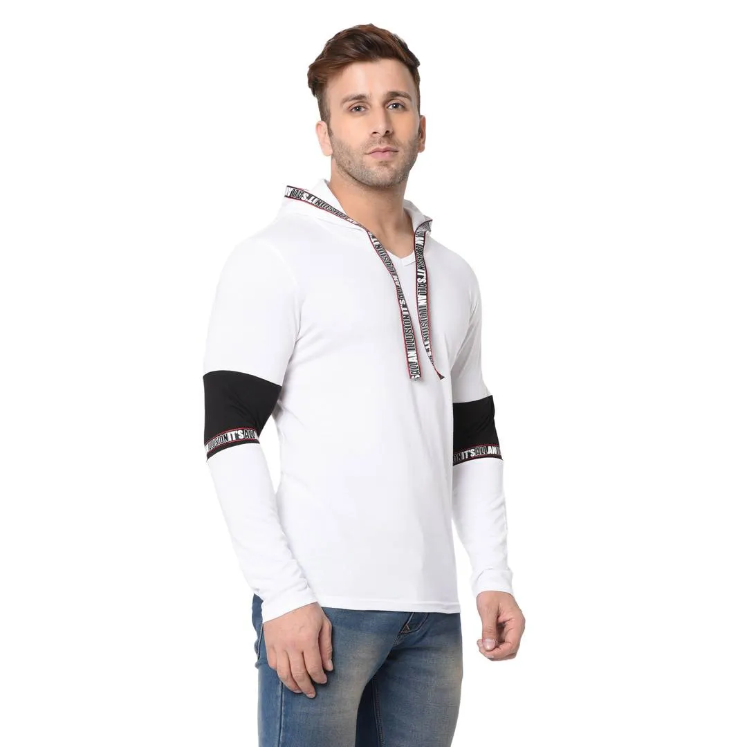 Men's White Typography Cotton Self Pattern Hooded T-Shirt