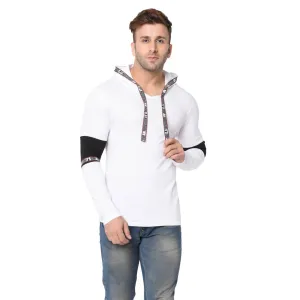 Men's White Typography Cotton Self Pattern Hooded T-Shirt