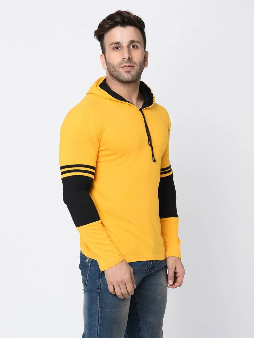 Men's Yellow Cotton Self Pattern Hooded Tees