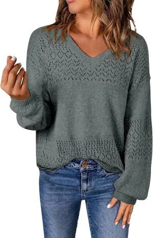 Miyaomn 2024 Fashion Sweaters for Women Long Sleeve V Neck Hollow Out Pullover Sweater Casual Lightweight Crochet Jumper Tops