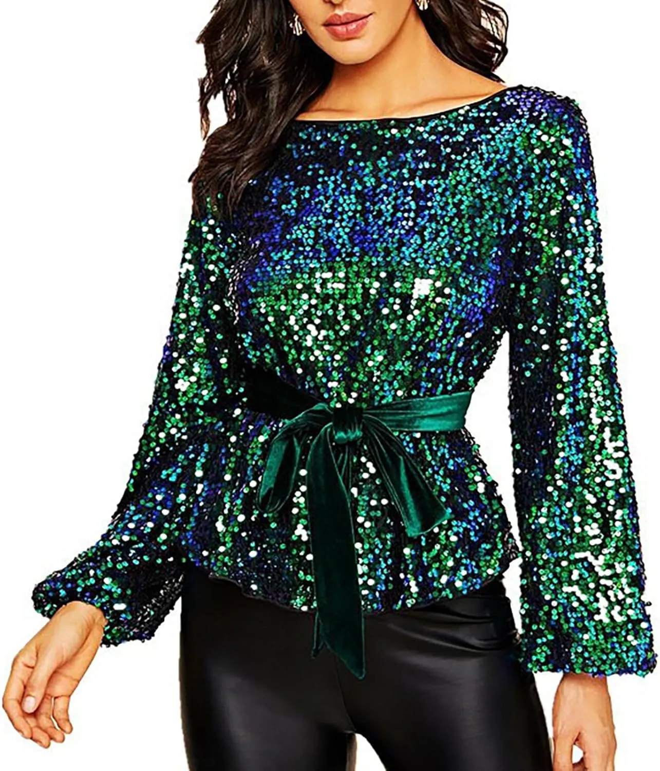 Miyaomn 2024 Women's Elegant Sequin Cocktail Tops Boat Neck Tie Front Long Bell Sleeve Party Dressy Shirts Peplum Tops Blouse