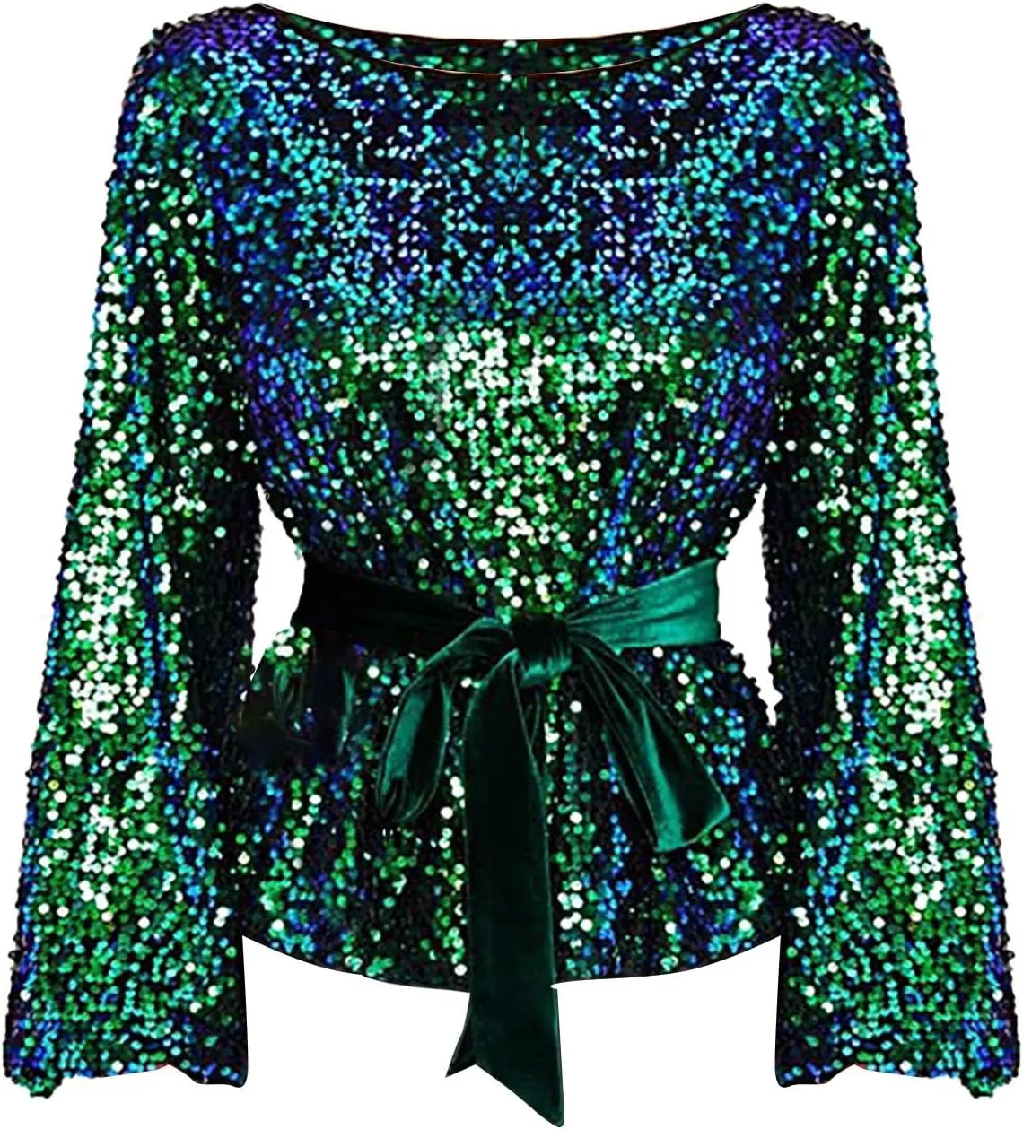 Miyaomn 2024 Women's Elegant Sequin Cocktail Tops Boat Neck Tie Front Long Bell Sleeve Party Dressy Shirts Peplum Tops Blouse