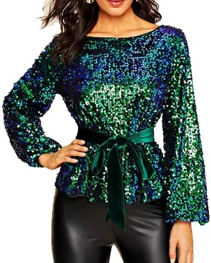 Miyaomn 2024 Women's Elegant Sequin Cocktail Tops Boat Neck Tie Front Long Bell Sleeve Party Dressy Shirts Peplum Tops Blouse