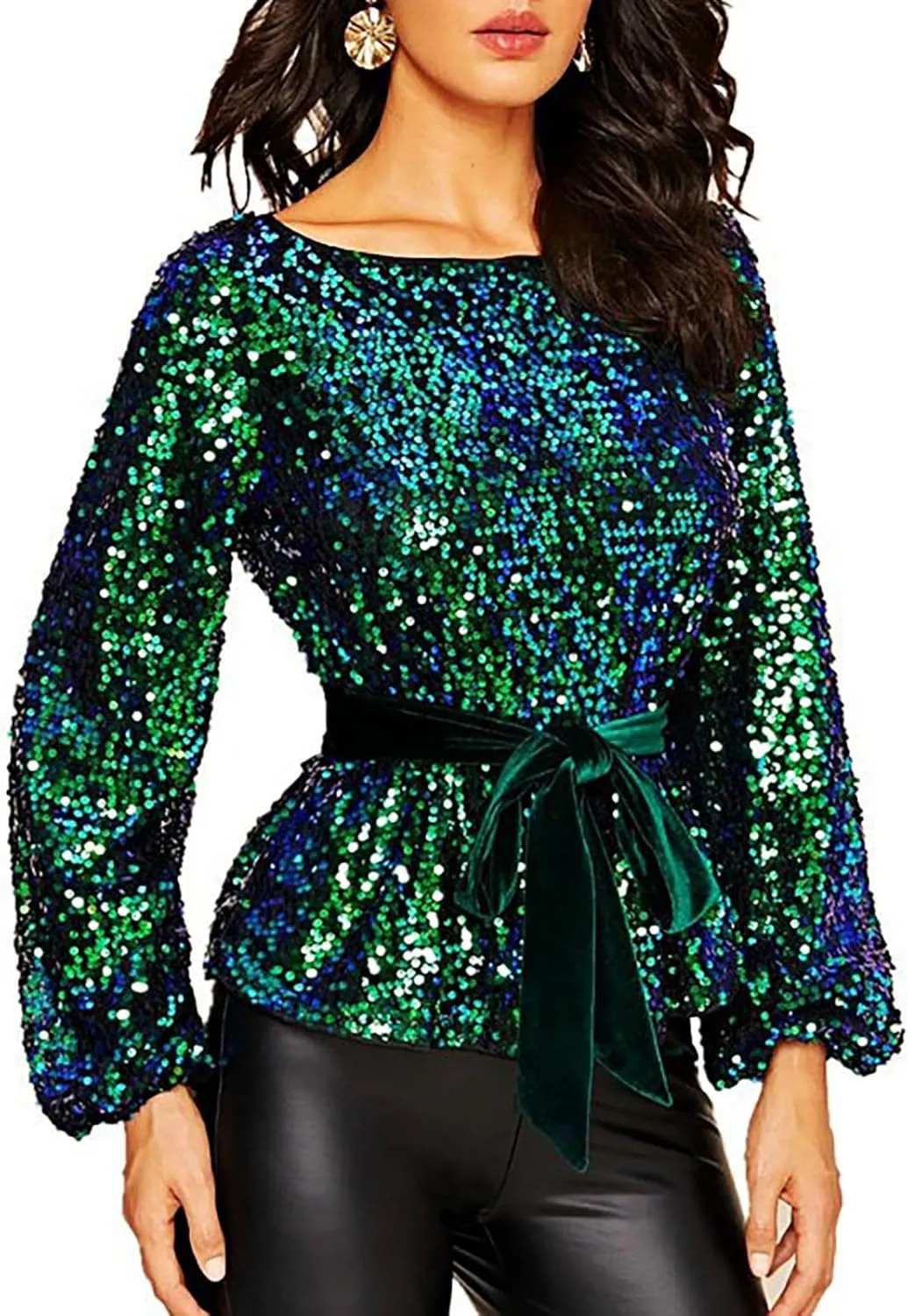 Miyaomn 2024 Women's Elegant Sequin Cocktail Tops Boat Neck Tie Front Long Bell Sleeve Party Dressy Shirts Peplum Tops Blouse