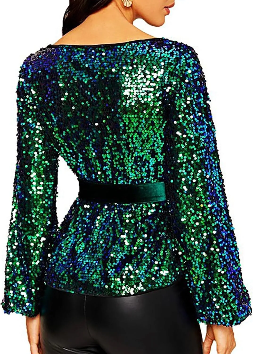 Miyaomn 2024 Women's Elegant Sequin Cocktail Tops Boat Neck Tie Front Long Bell Sleeve Party Dressy Shirts Peplum Tops Blouse