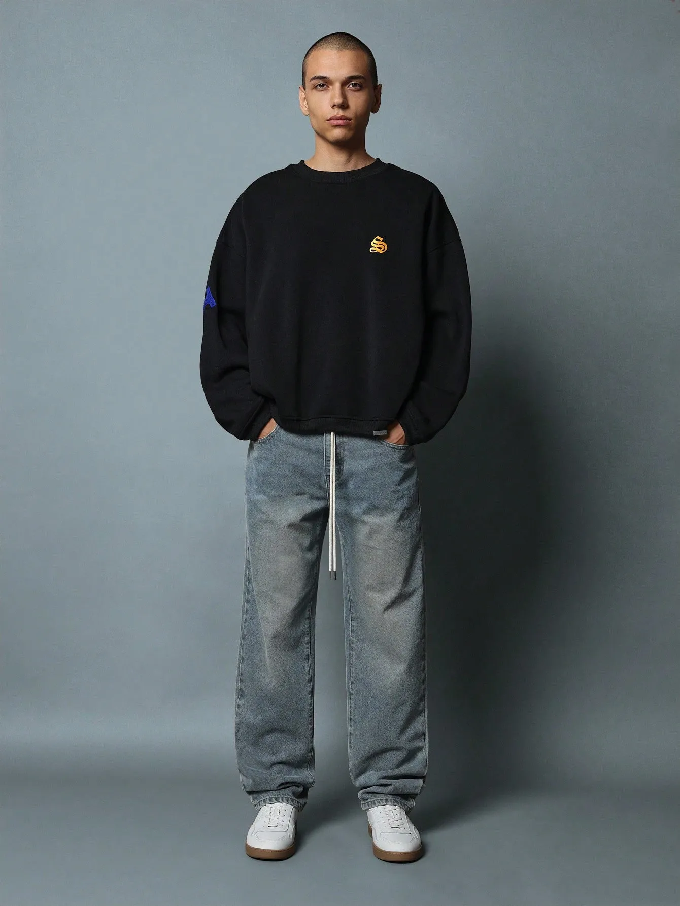 Oversized Fit Crew Neck Sweatshirt With Embroidered Large Applique Pattern & Graphic Print