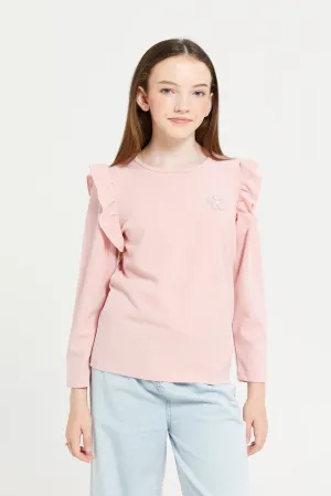 Senior Girls Pink Ruffled Sleeve Top
