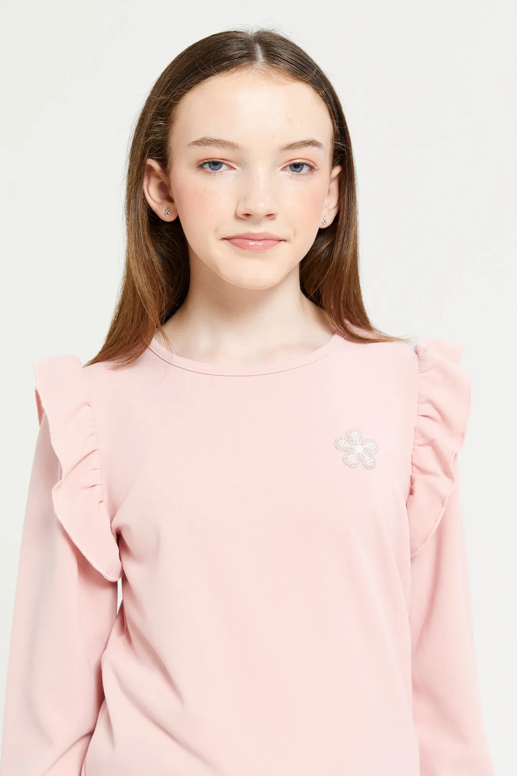 Senior Girls Pink Ruffled Sleeve Top