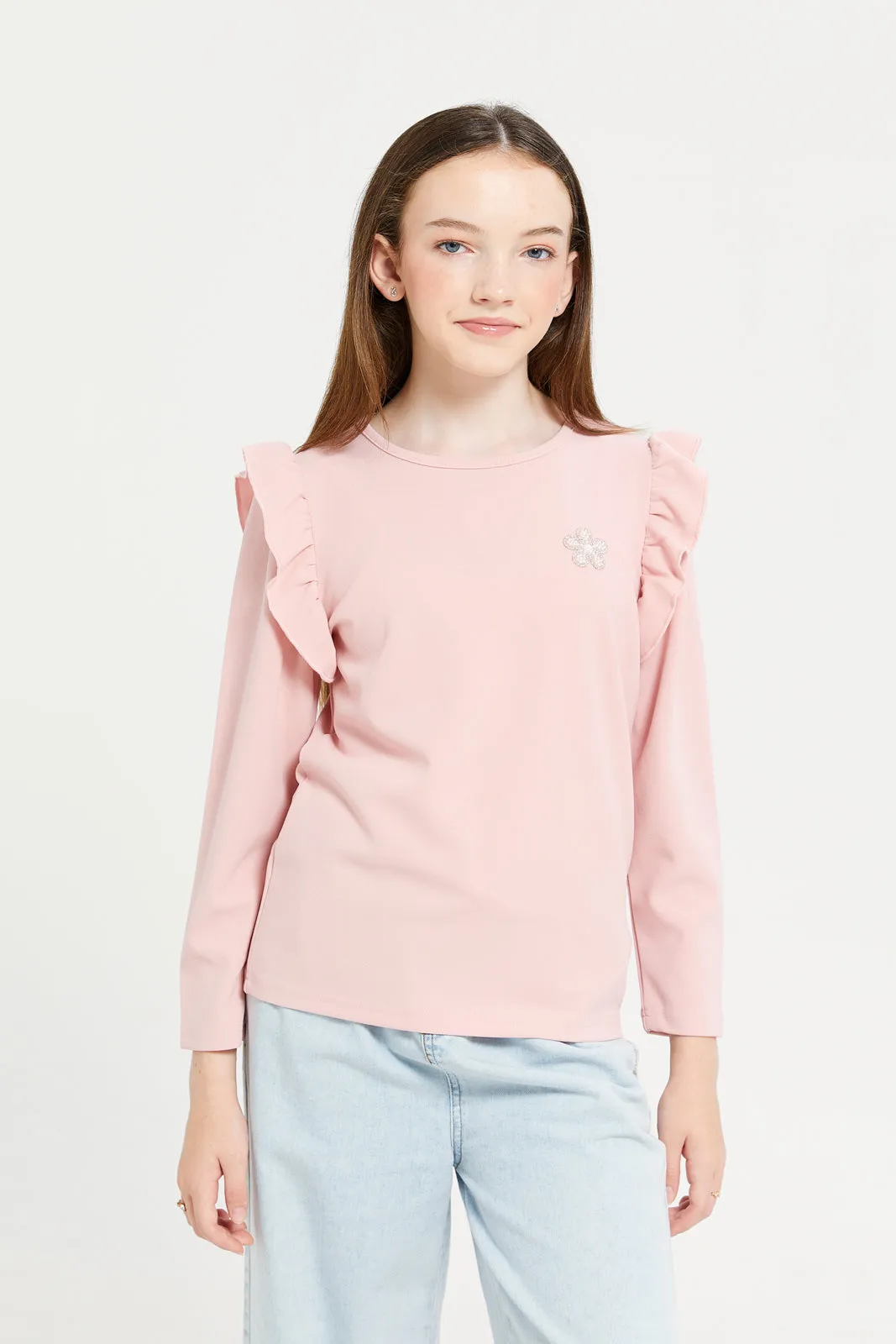 Senior Girls Pink Ruffled Sleeve Top