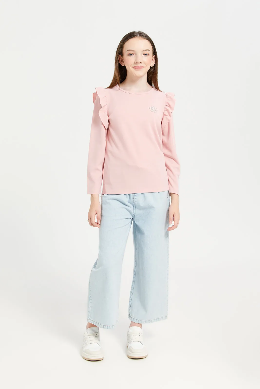 Senior Girls Pink Ruffled Sleeve Top