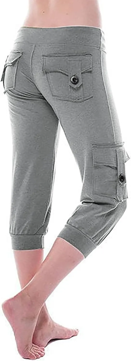 Wkishenl Capri Pants for Women Summer 2025 Drawstring Elastic High Waist Cargo Pants with Pockets Solid Color Button Joggers
