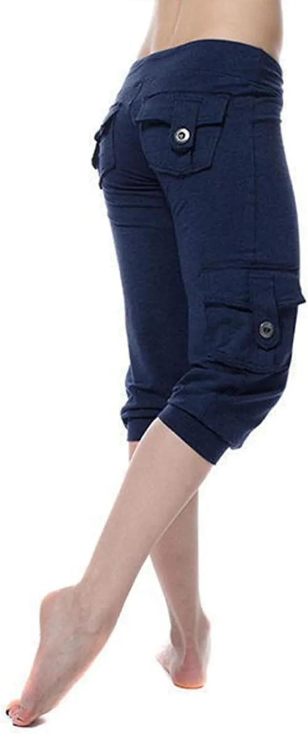 Wkishenl Capri Pants for Women Summer 2025 Drawstring Elastic High Waist Cargo Pants with Pockets Solid Color Button Joggers