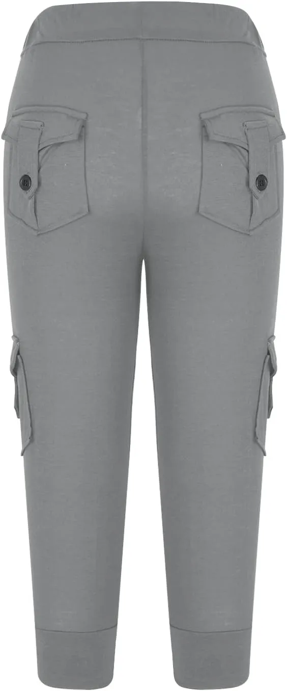Wkishenl Capri Pants for Women Summer 2025 Drawstring Elastic High Waist Cargo Pants with Pockets Solid Color Button Joggers