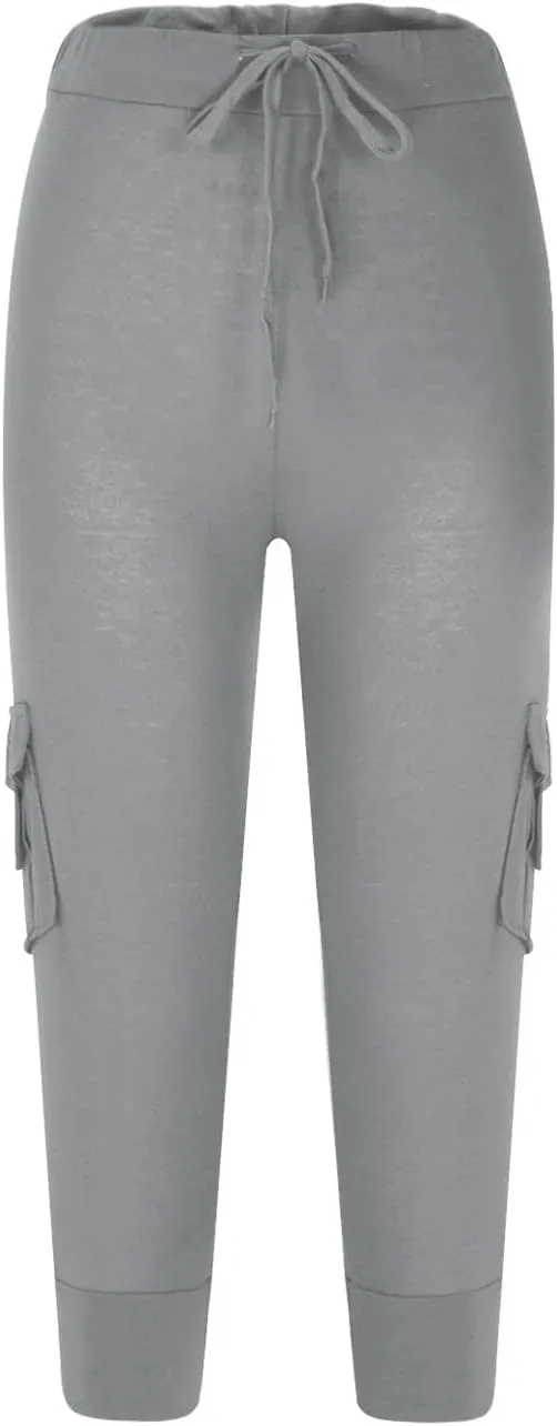 Wkishenl Capri Pants for Women Summer 2025 Drawstring Elastic High Waist Cargo Pants with Pockets Solid Color Button Joggers