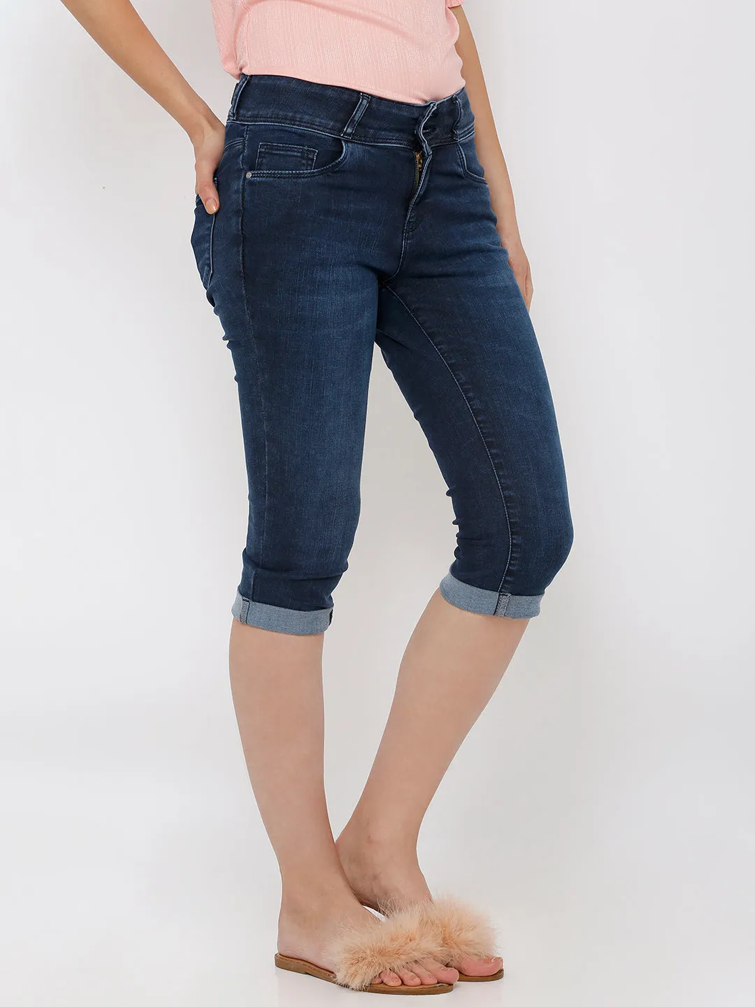 Women Dark Blue Mid-Rise Slim Capri