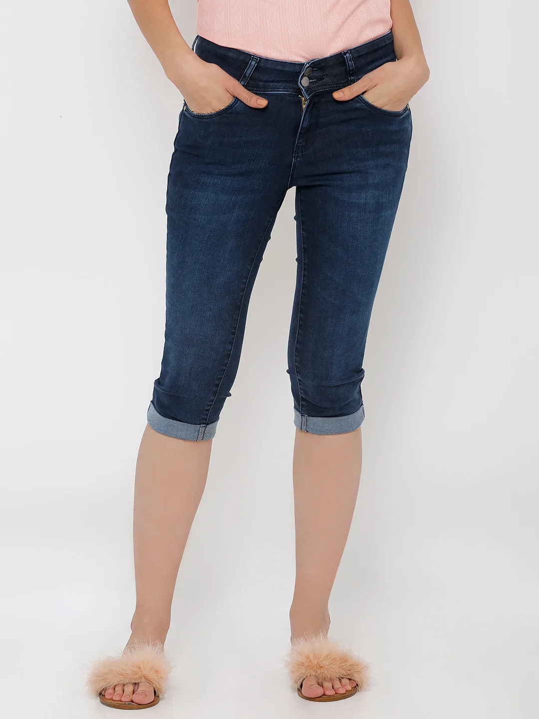 Women Dark Blue Mid-Rise Slim Capri