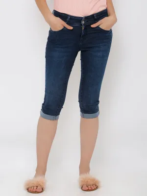 Women Dark Blue Mid-Rise Slim Capri