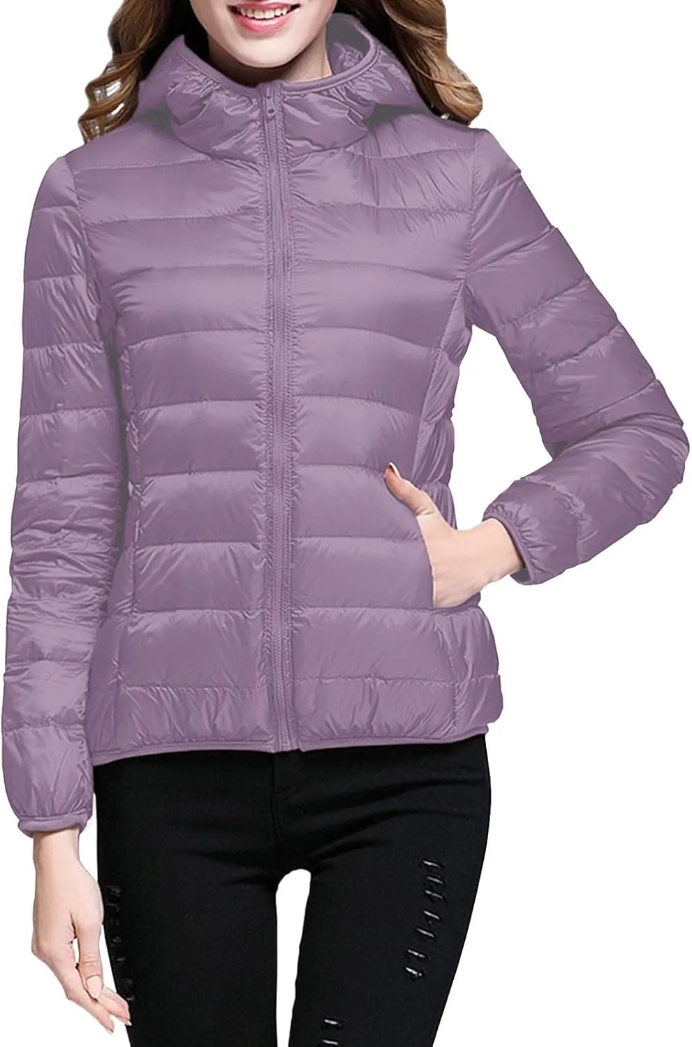 Women's Lightweight Hooded Down Jacket Packable Puffer Coats,Puffer Jacket Hooded Windproof Winter Coat