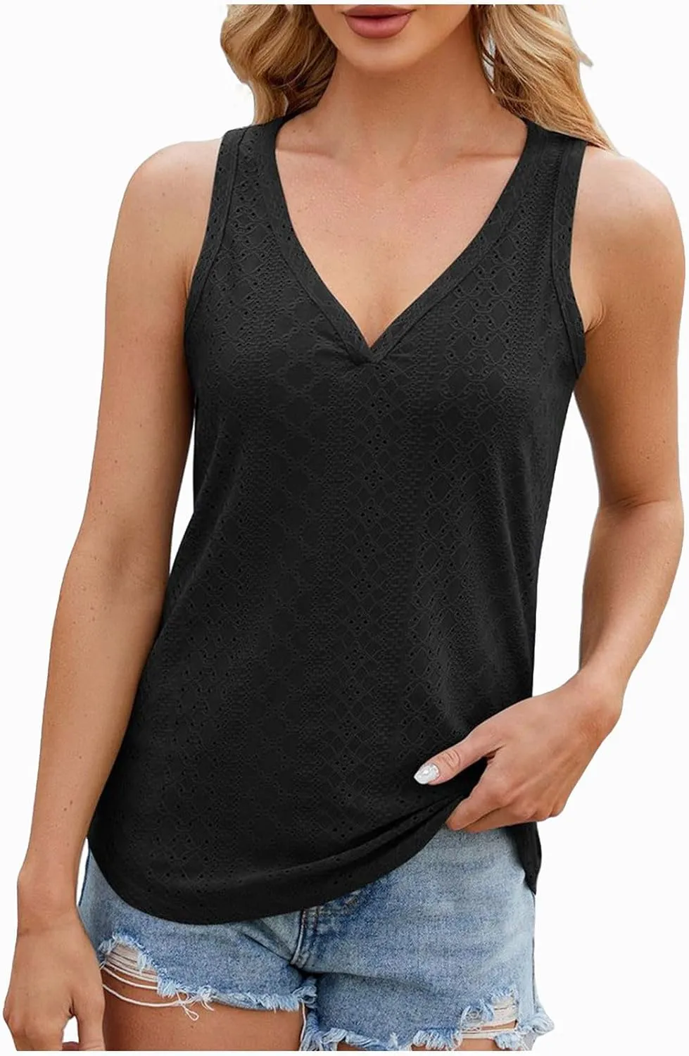 Women's Tank Tops Casual V Neck Summer Tops Sleeveless Eyelet Tunic Shirts 2024 Trendy Cami Knit Shirt Y2k Streetwear