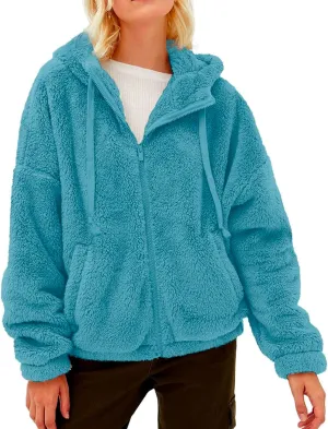 Womens Winter Fashion Sherpa Jacket Fleece Warm Drawstring Hoodie Outwear Zip Pockets Plush Sweatshirt Thick Fuzzy Coat